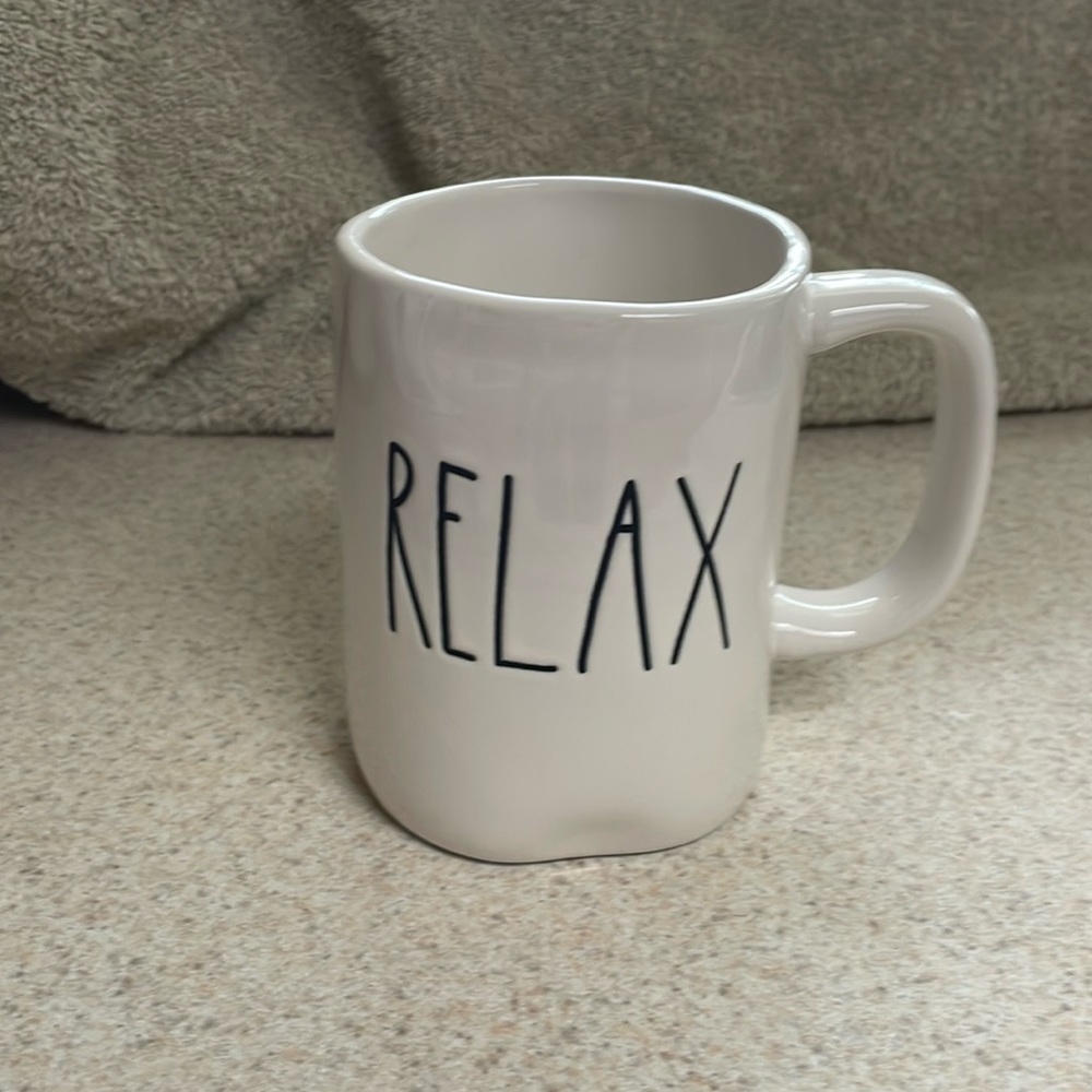 Rae Dunn “Relax” coffee mug. Classic white with black lettering.